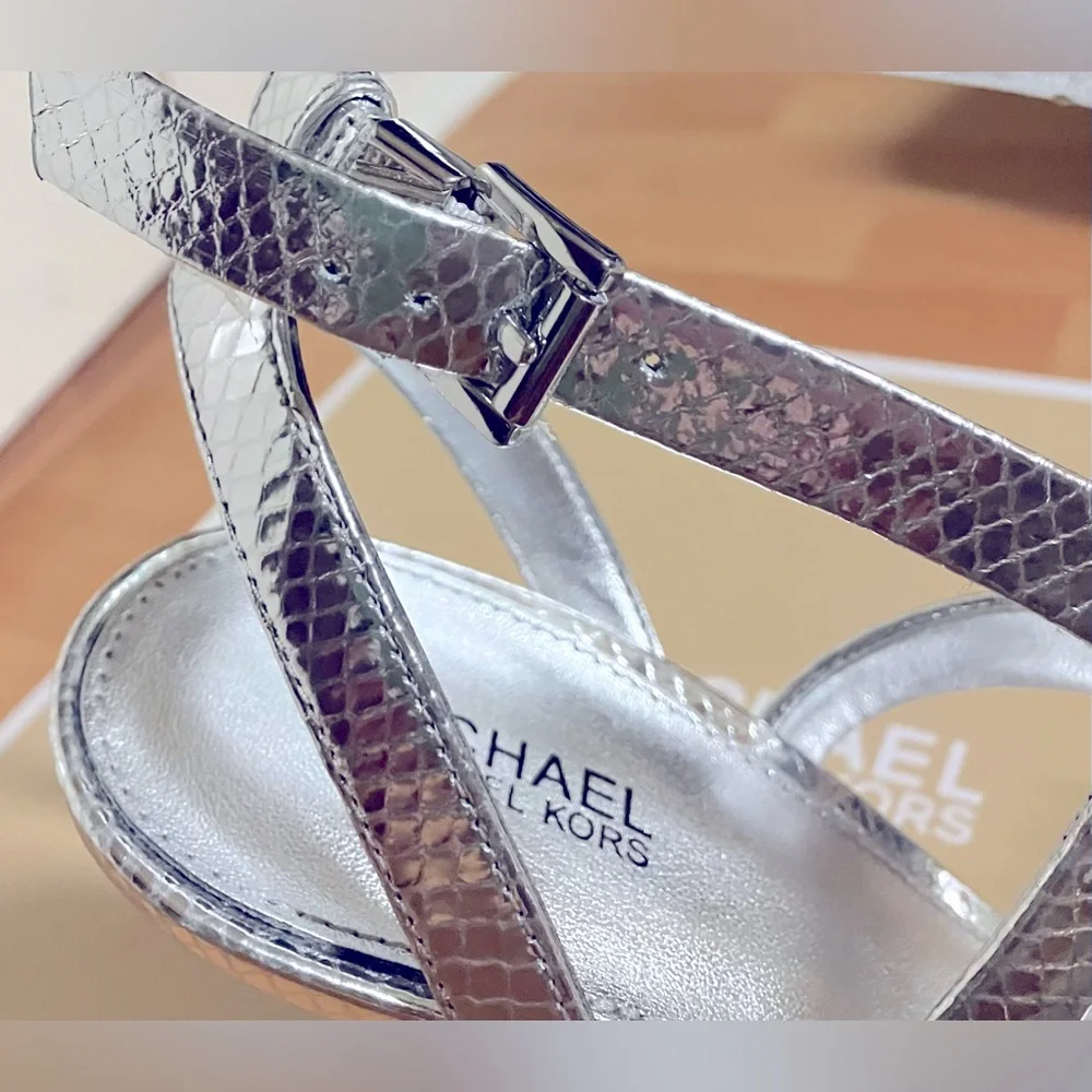 Michael Kors Silver High Heel Leather Sandal - Chain Front/Strappy/Size 7